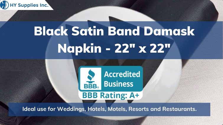 Black Satin Band Damask Napkin - 22"" x 22""