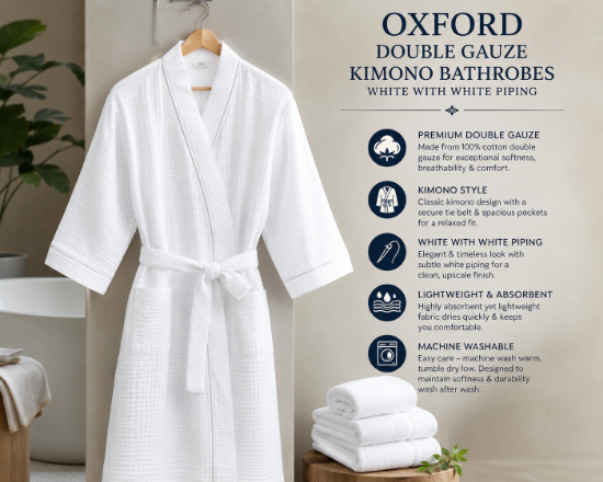 OXFORD Double Gauze Kimono Bathrobes – White With White Piping