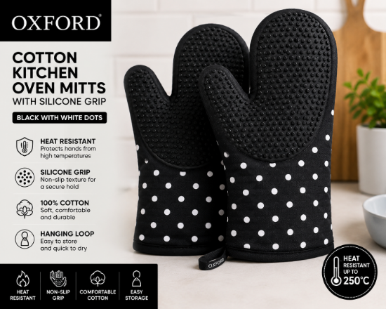OXFORD Cotton Kitchen Oven Mitts With Silicone Grip – Black with White Dots